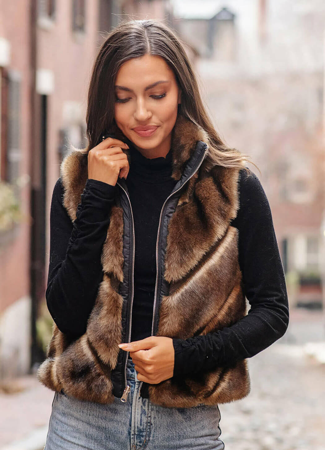 Fabulous Furs Sable Chevron Reversible Faux Fur Shortie Vest