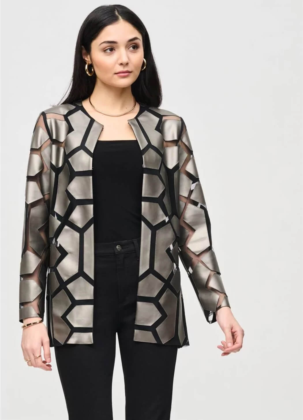 Joseph Ribkoff Laser-Cut Leatherette on Mesh Jacket