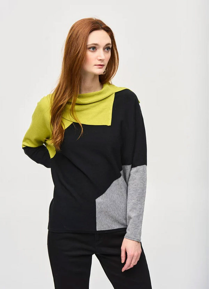 Joseph Ribkoff Color Blocked Sweater Top Wasabi/Black/Grey Melange 