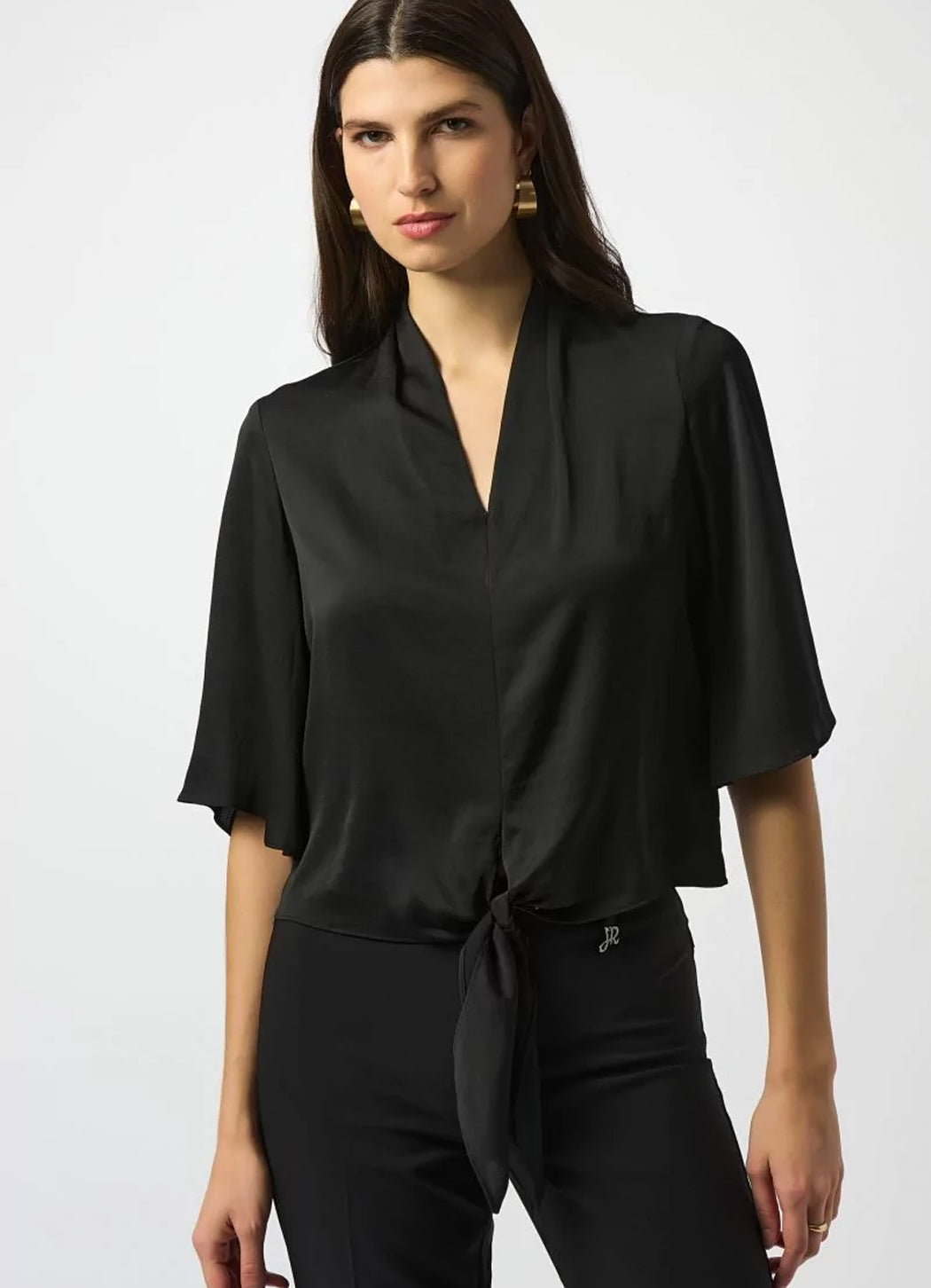 Joseph Ribkoff Satin V-Neck Top with Front Tie