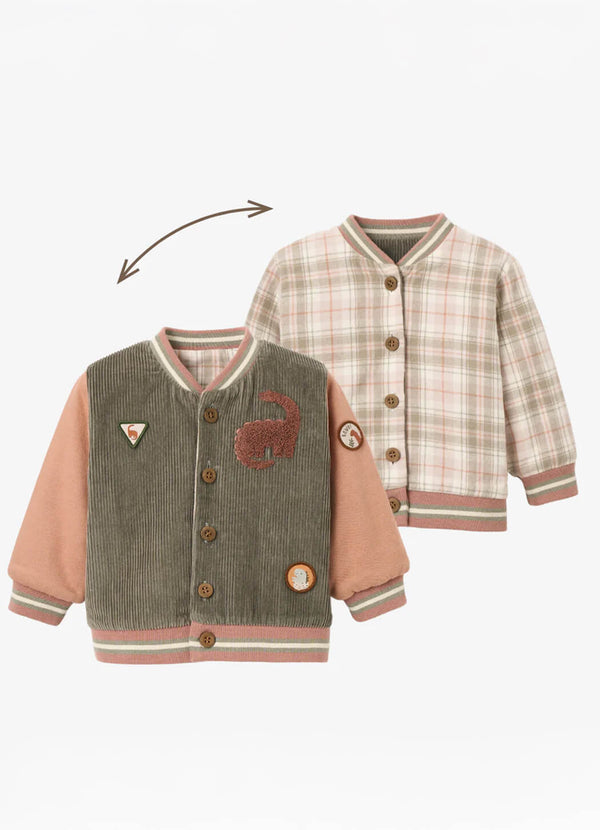 Elegant Baby Reversible Dinosaur Corduroy/Plaid Varsity Jacket