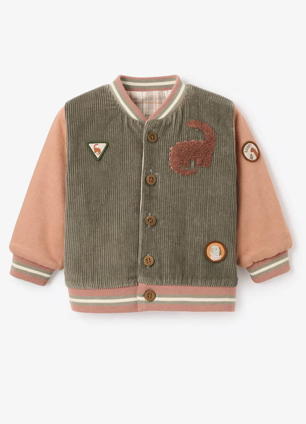 Elegant Baby Reversible Dinosaur Corduroy/Plaid Varsity Jacket