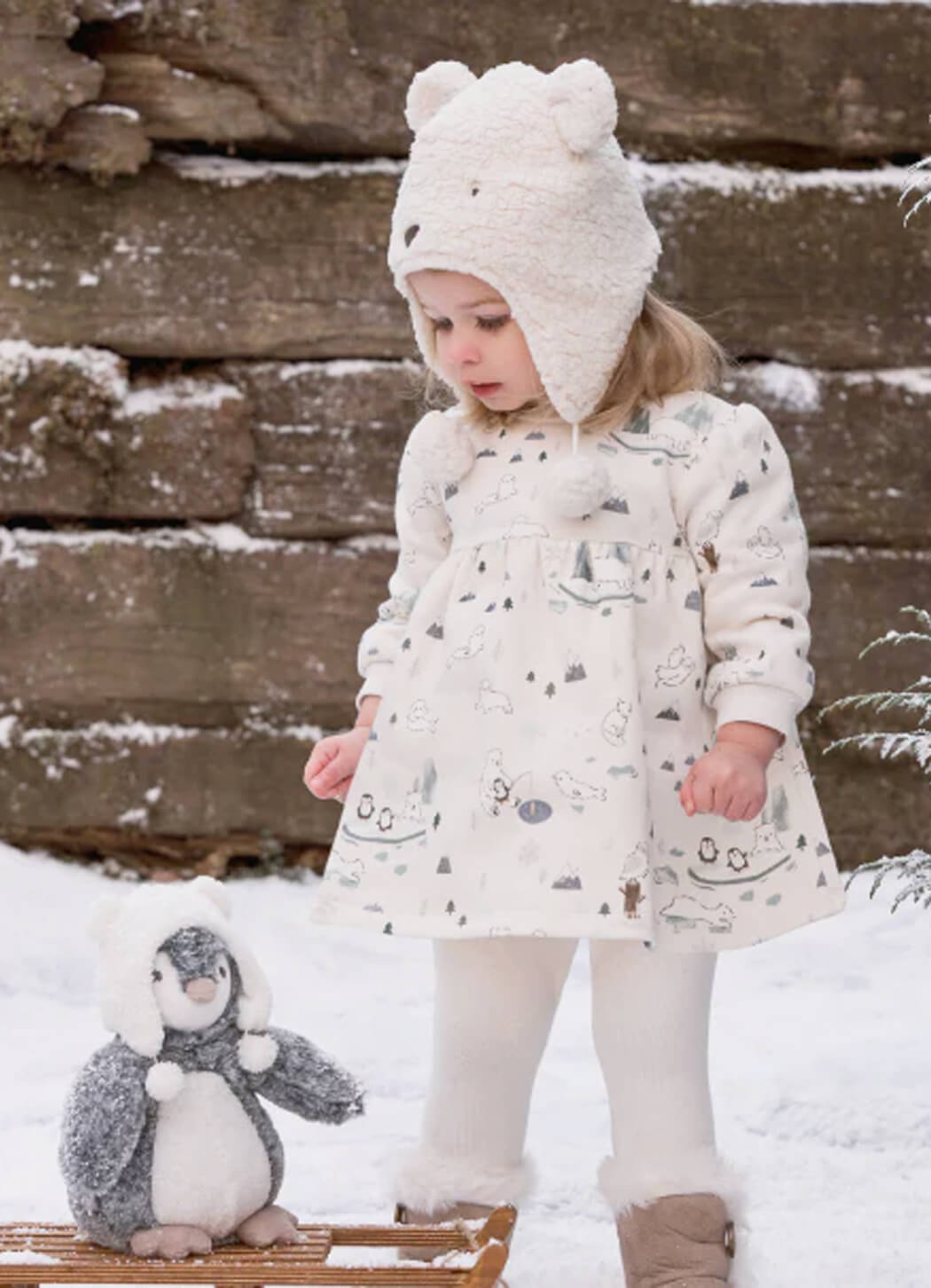 Elegant Baby Arctic Printed Organic Fleece Dress & Rib Legging Set