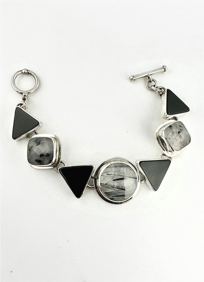 Echo of the Dreamer Tourmilated Quartz Onyx Triangle Bracelet