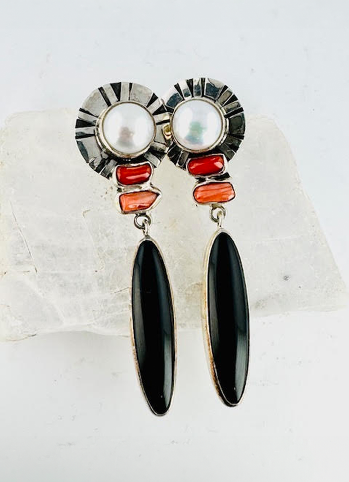 Echo of the Dreamer Long Pearl Red Coral Onyx Drop Earring Post