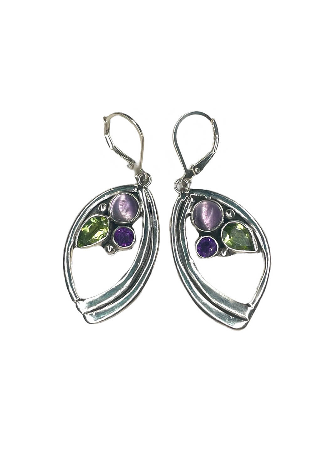 Echo of the Dreamer Cabachon & Faceted Amethyst Peridot Marquis Earrings