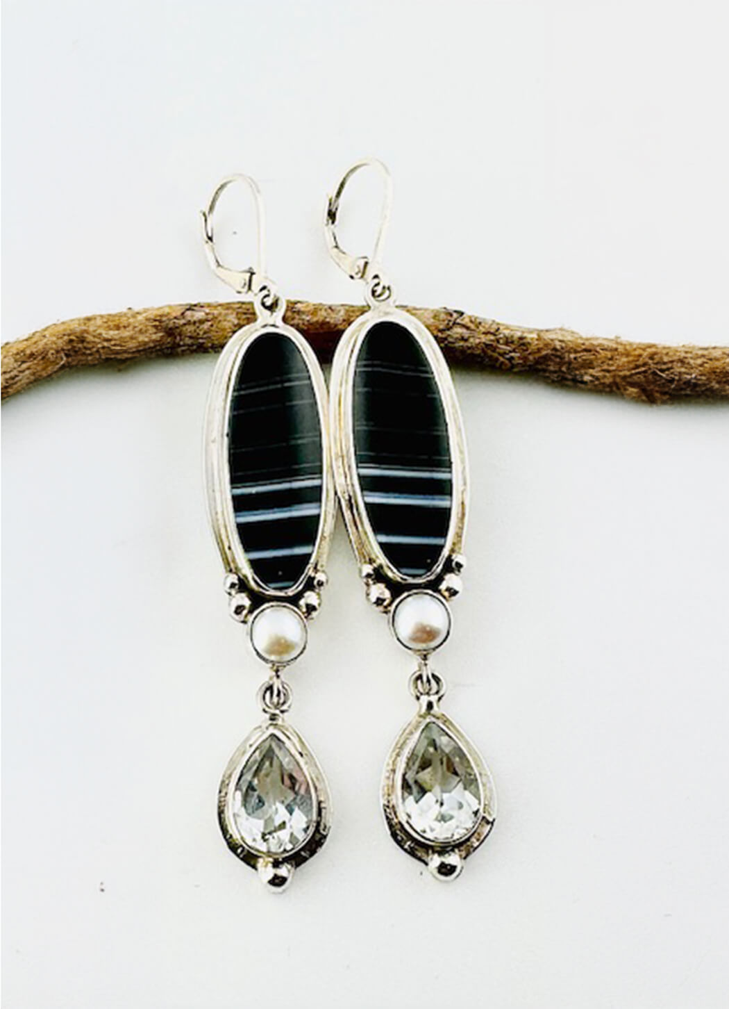 Echo of the Dreamer Banded Agate Pearl White Topaz Earring