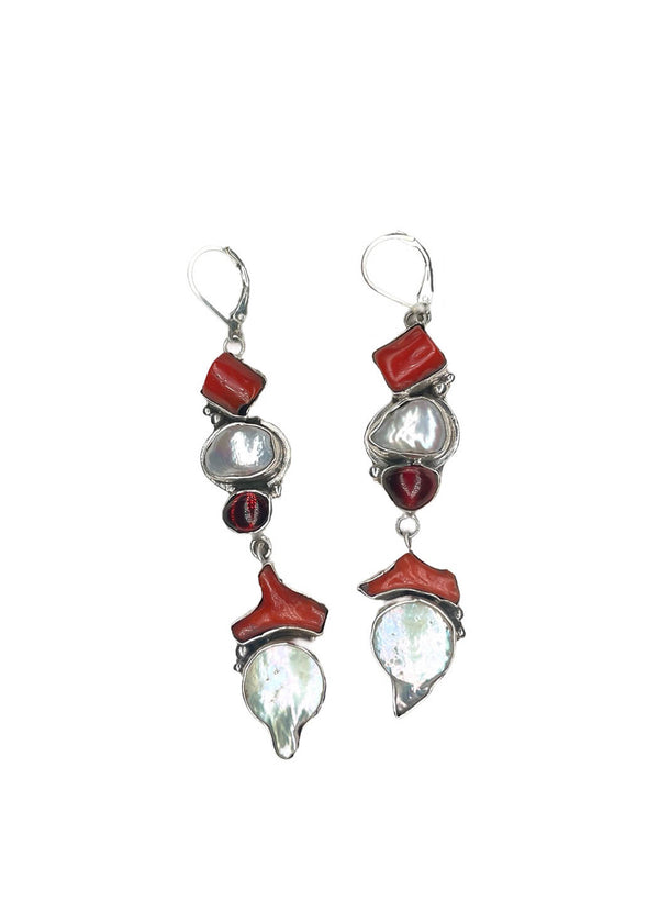 Echo of the Dreamer Long Red Coral Pearl Camelian Earring Wire