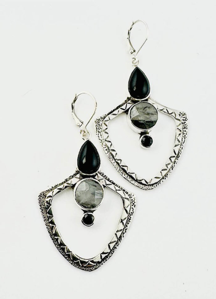 Echo of the Dreamer Large Onyx Tourmilated Quartz Earring