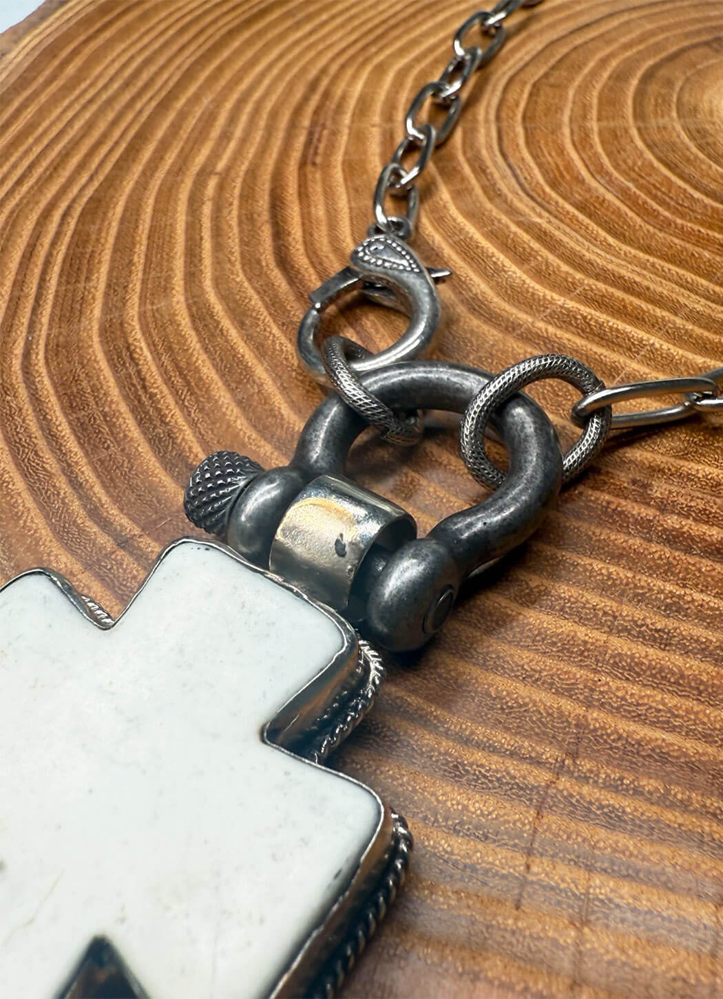 Belle Via Jewelry One Of A Kind Exclusive Wild Buffalo Stone Cross on Metal Carabiner Necklace