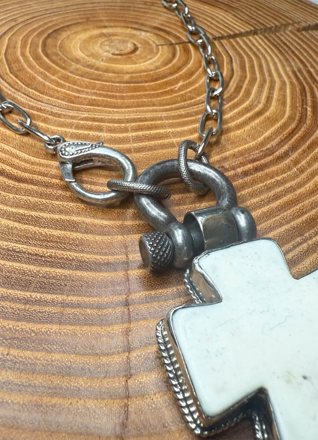 Belle Via Jewelry One Of A Kind Exclusive Wild Buffalo Stone Cross on Metal Carabiner Necklace