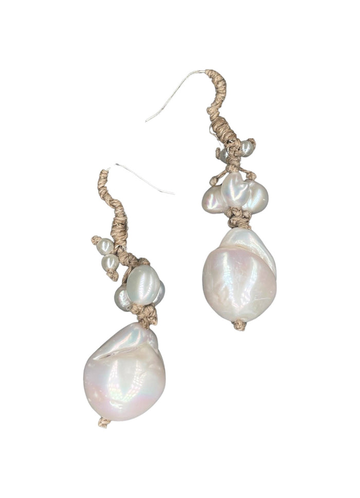 Mela Italian Pearl Cluster Earrings with Linen Cording