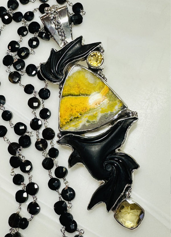 Bumblebee Jasper Citrine Black Onyx and Pearl Pendant 