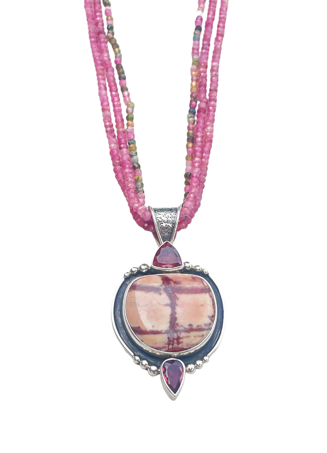 Echo of the Dreamer Imperial Jasper 2 Faceted Pink Tourmaline 3 Stand Necklace