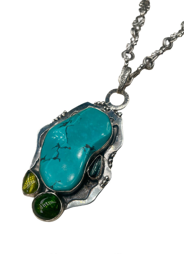 Echo of the Dreamer Turquoise 2 Green Tourmaline peridot 20" SS Chain Necklace