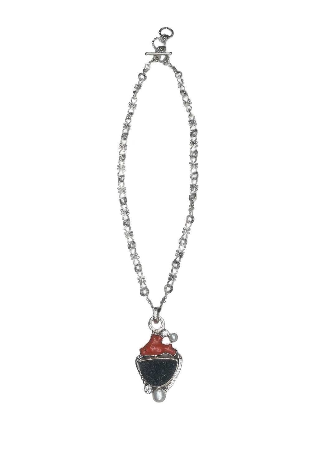 Echo of the Dreamer Red Branch Coral Black Druzy Pearl White Topaz