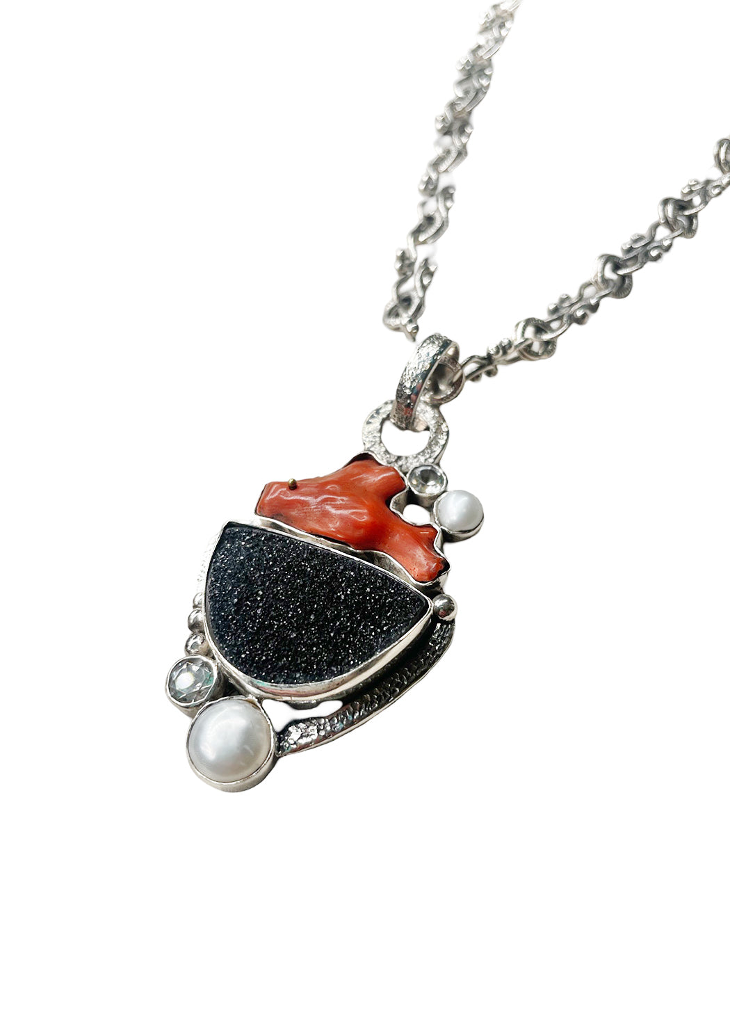 Echo of the Dreamer Red Branch Coral Black Druzy Pearl White Topaz