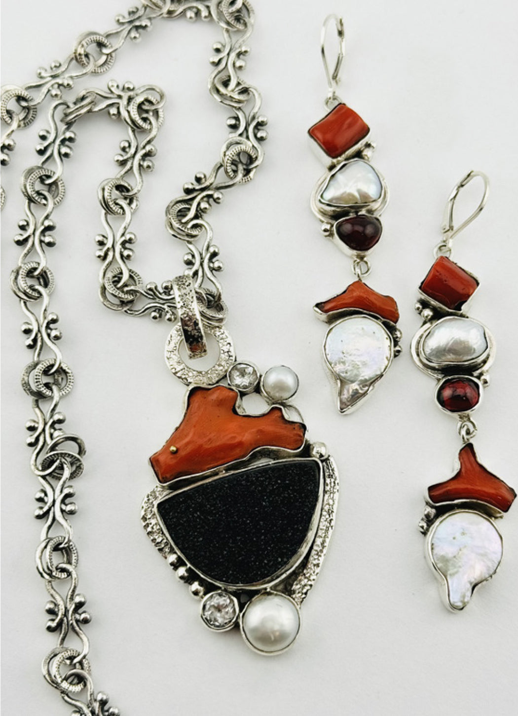 Echo of the Dreamer Red Branch Coral Black Druzy Pearl White Topaz