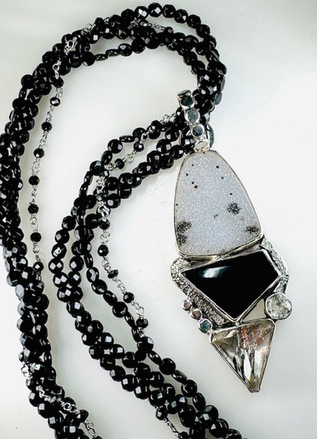 Echo of the Dreamer Dendritic Druzy Tourmilated Quartz Onyx White Topaz 18” Necklace