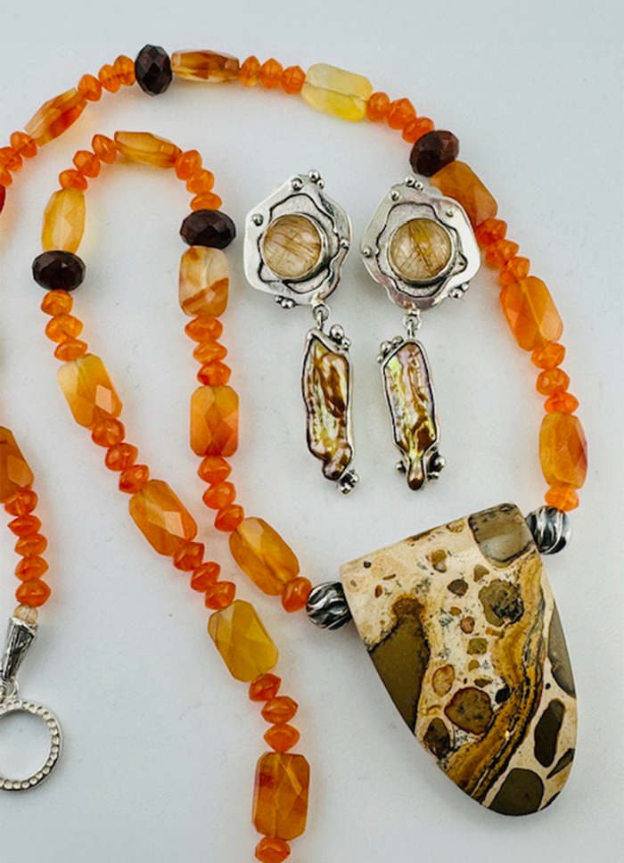 Echo of the Dreamer Leopard Agate Pendant 23" Carnelian Necklace