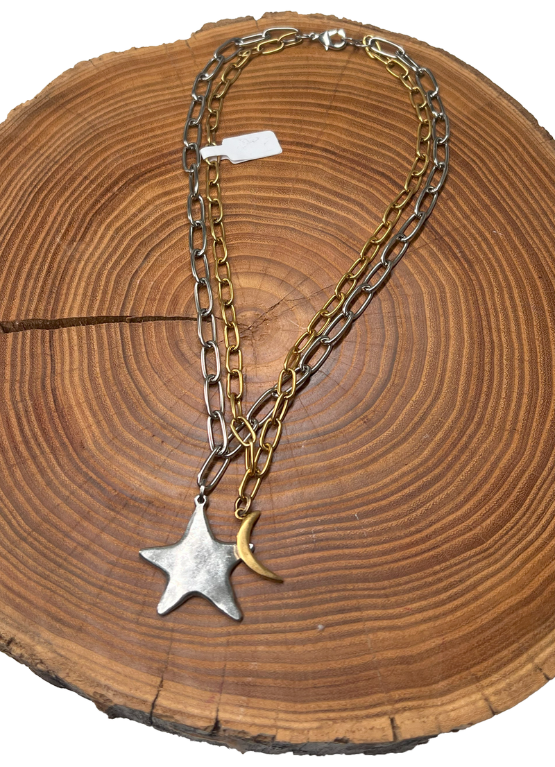 Belle Via Jewelry Moon + Star Double Chain Necklace