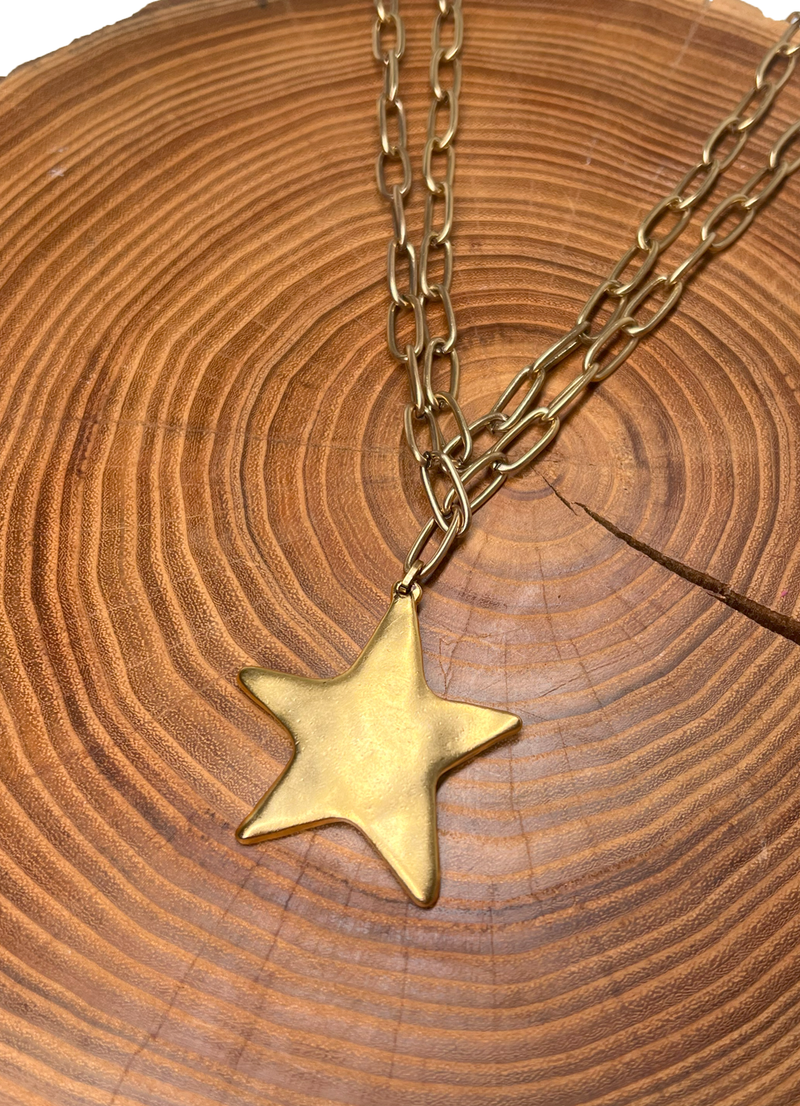 Belle Via Jewelry Hammered Star Double Chain Necklace