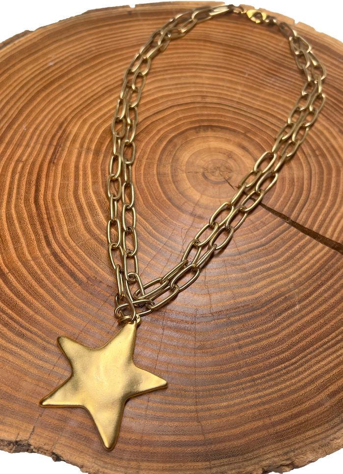 Belle Via Jewelry Hammered Star Double Chain Necklace