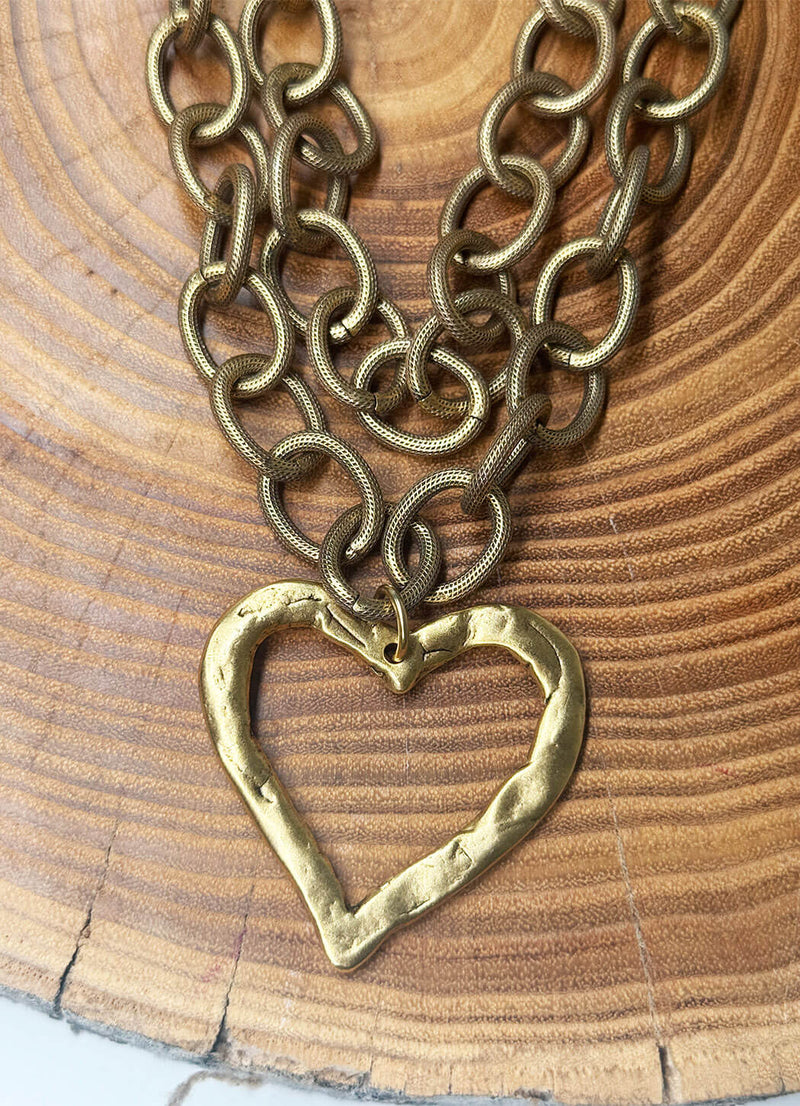 Belle Via Jewelry Hammered Open Heart With Etched Chunky Double Chain