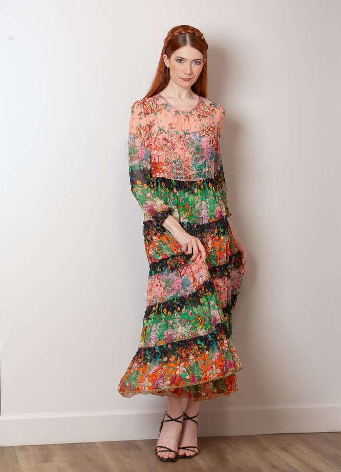 Jessie Liu Silk Print Tiered Maxi Dress