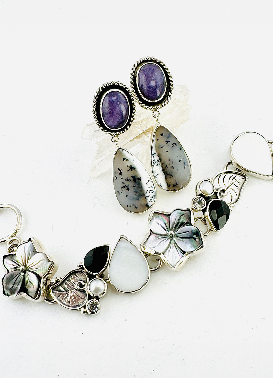 Echo of the Dreamer Sugalite Pear Shape Dendritic Agate Drop Earring