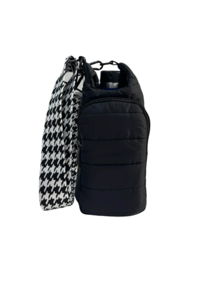 WanderFull Black Matte Crossbody HydroBag with Black & White Houndstooth Strap